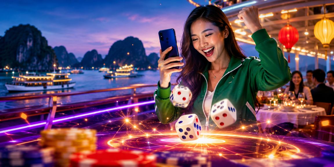 Hình ảnh xúc xắc neon minh họa trò chơi Tài Xỉu tại Hạ Long Bay